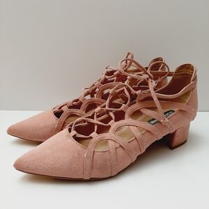 Design Lab by LORD & TAYLOR Sarie Lace-Up Pointy Toe Heels Vegan Suede Pink Sz 8